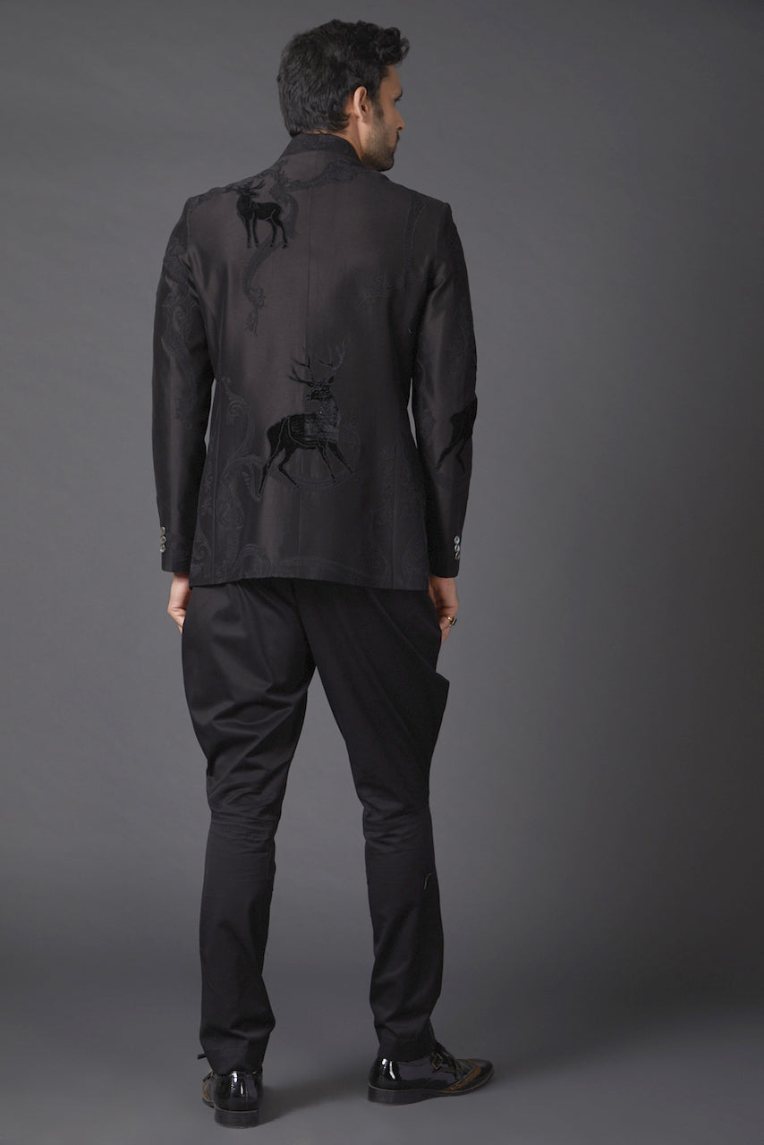 Black Silk Velvet Embroidered Bandhgala