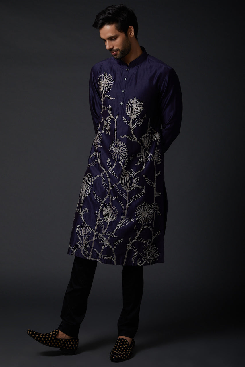 Men Indigo Blue Machine Embroidered Kurta Set
