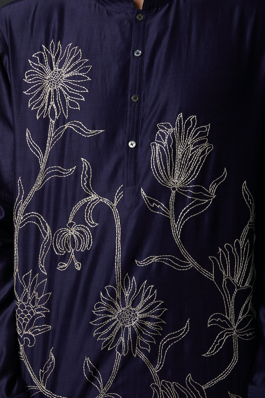 Men Indigo Blue Machine Embroidered Kurta Set