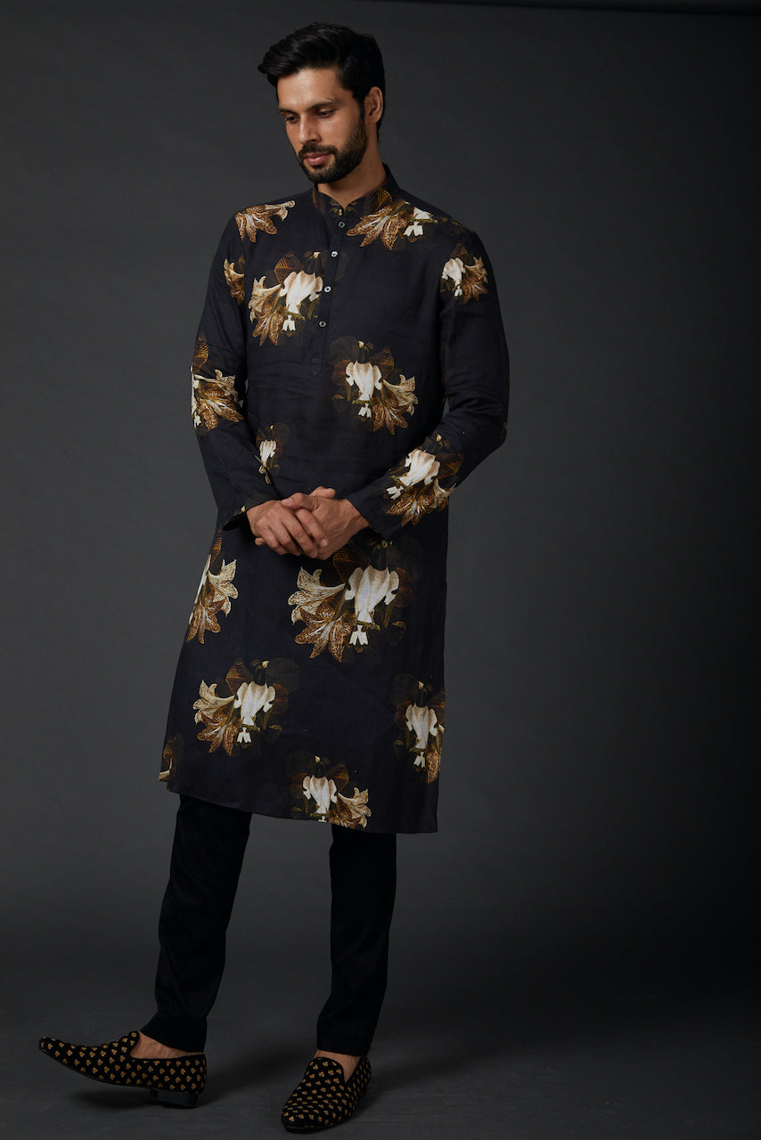 Black Linen Printed Kurta With Cotton Churidar
