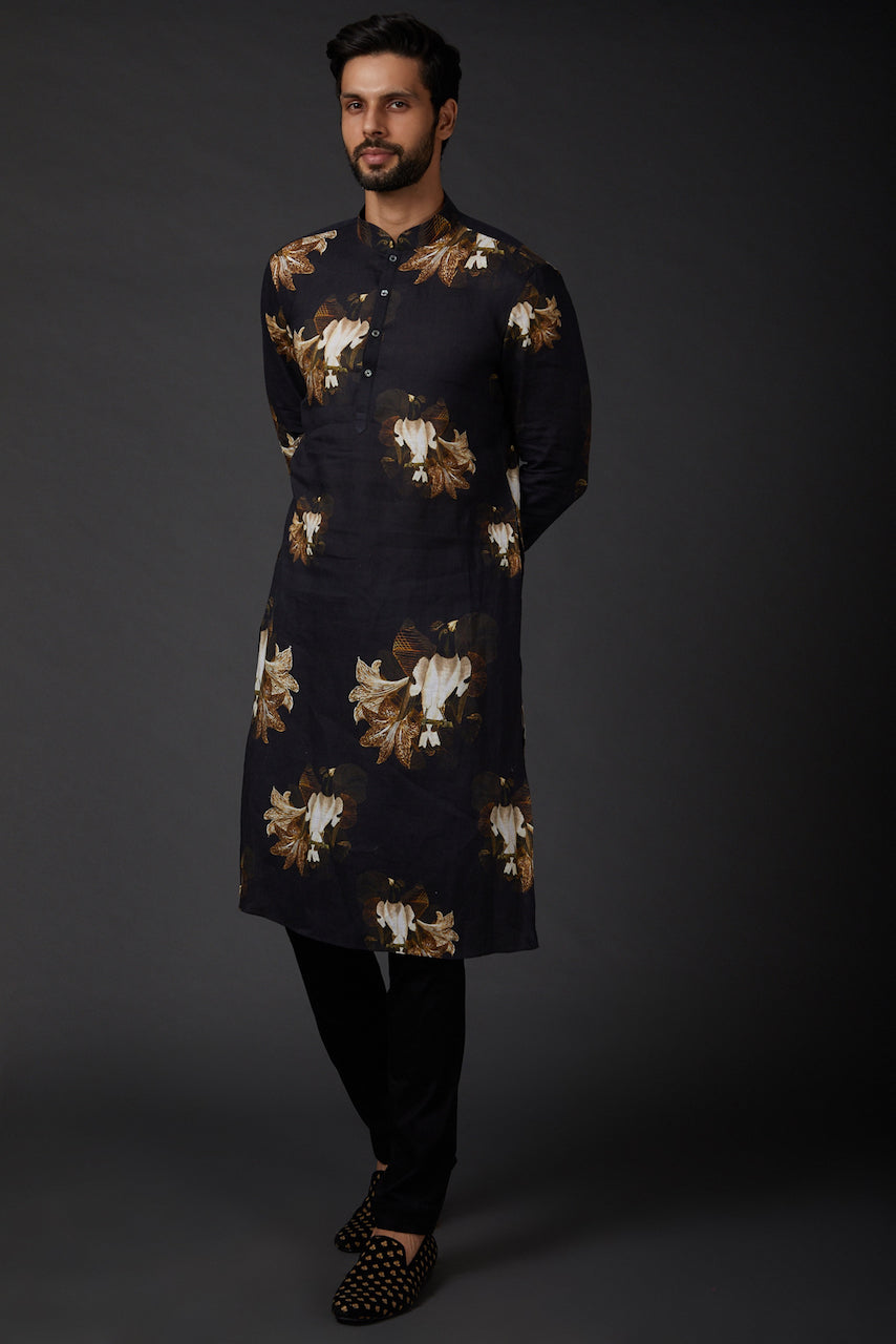 Black Linen Printed Kurta With Cotton Churidar