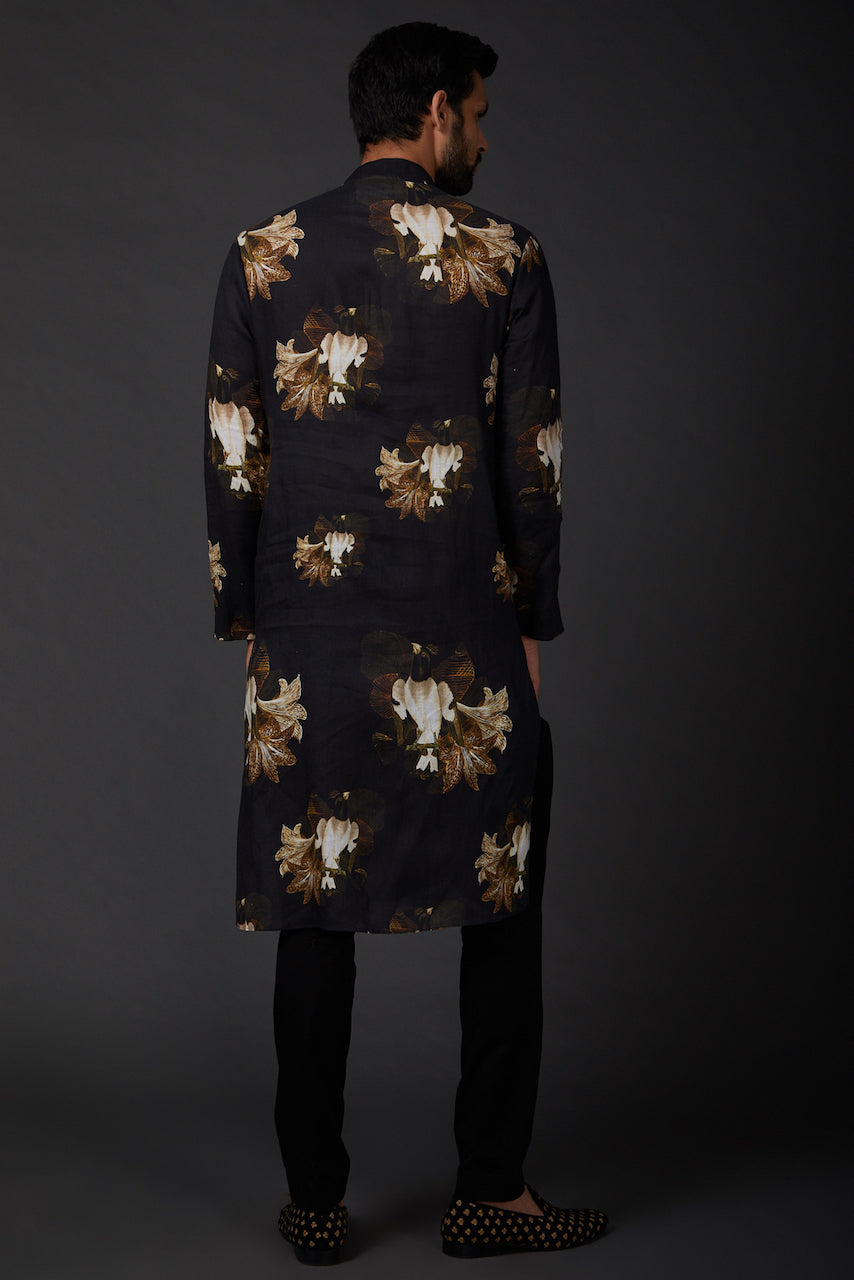 Black Linen Printed Kurta With Cotton Churidar