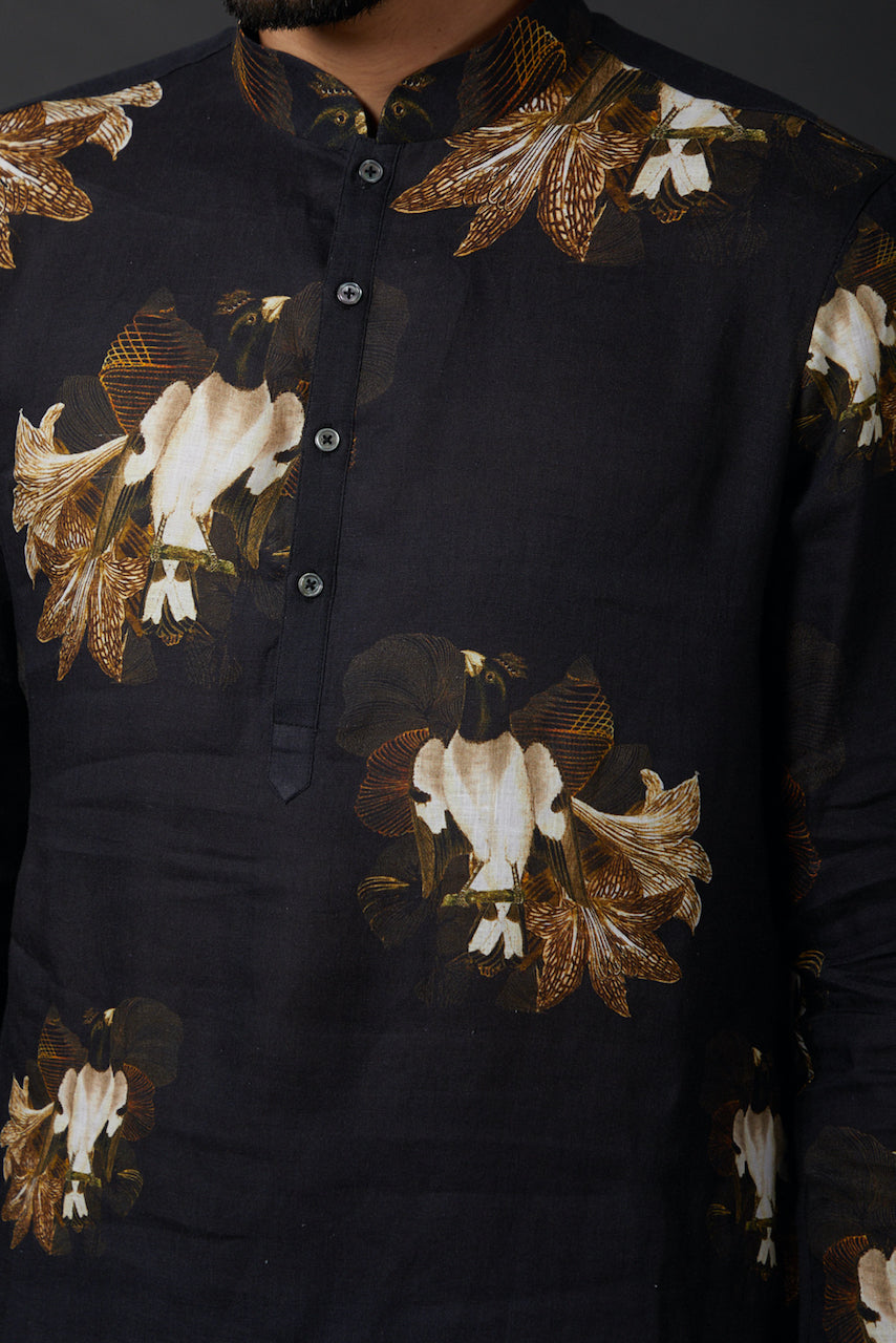 Black Linen Printed Kurta With Cotton Churidar