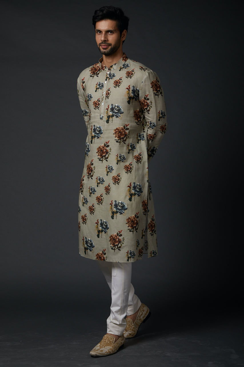 Sage Green Linen Printed Kurta With Cotton Churidar
