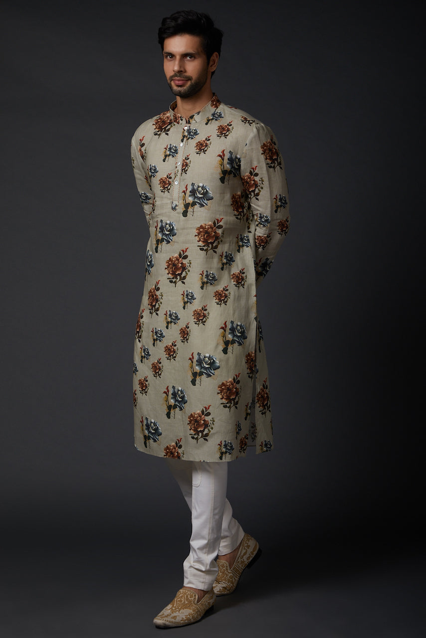 Sage Green Linen Printed Kurta With Cotton Churidar