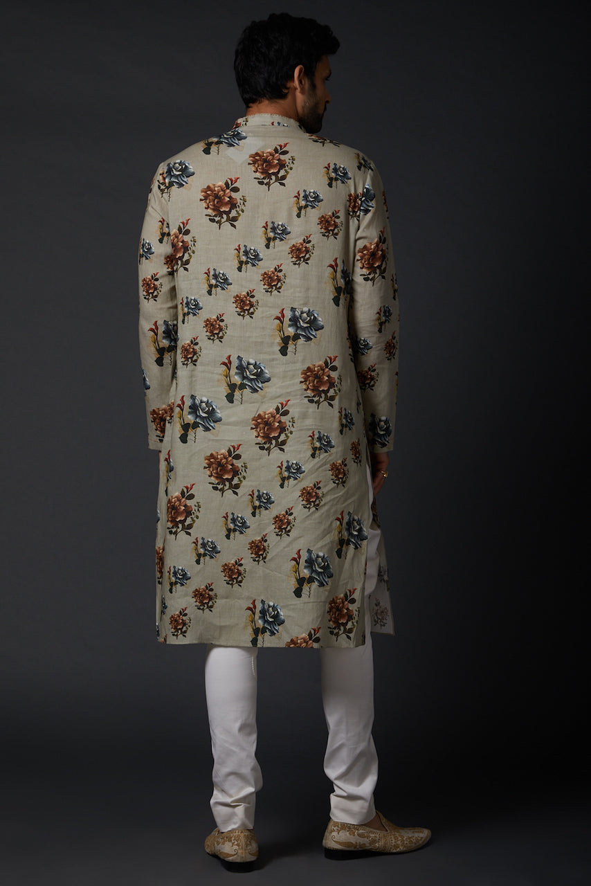 Sage Green Linen Printed Kurta With Cotton Churidar