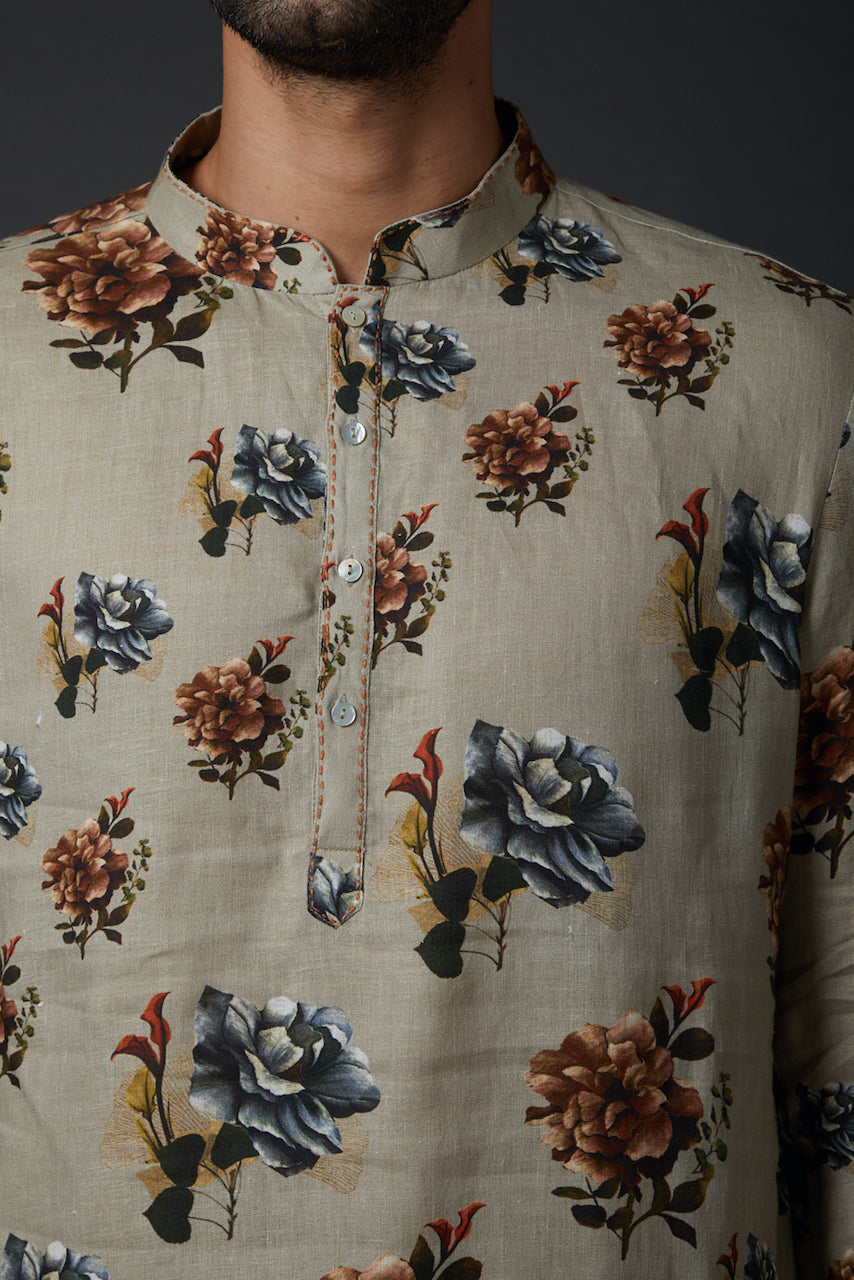Sage Green Linen Printed Kurta With Cotton Churidar