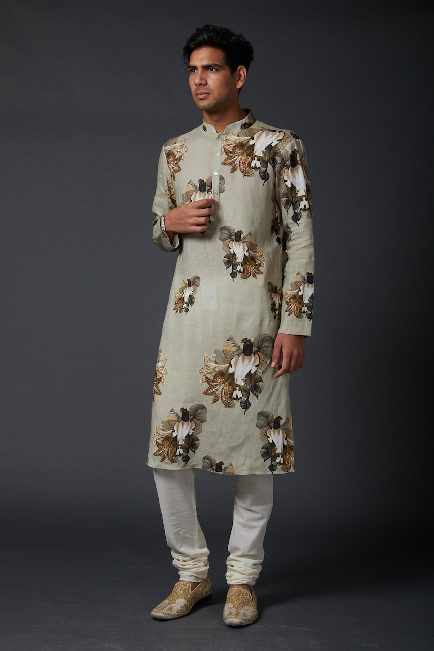 Sage Green Linen Printed Kurta With Cotton Churidar