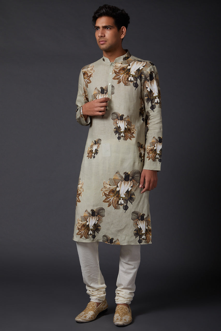Sage Green Linen Printed Kurta With Cotton Churidar