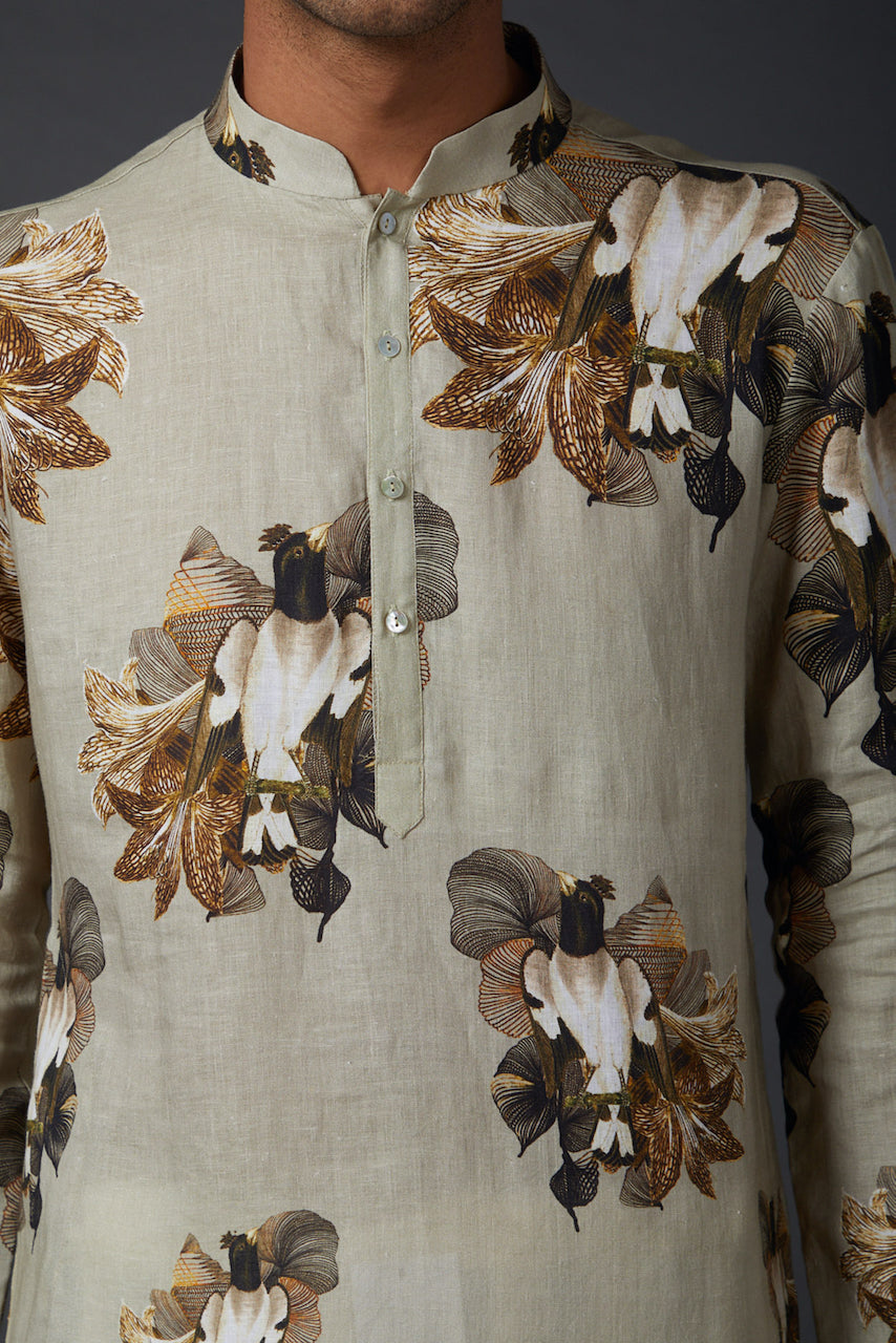 Sage Green Linen Printed Kurta With Cotton Churidar