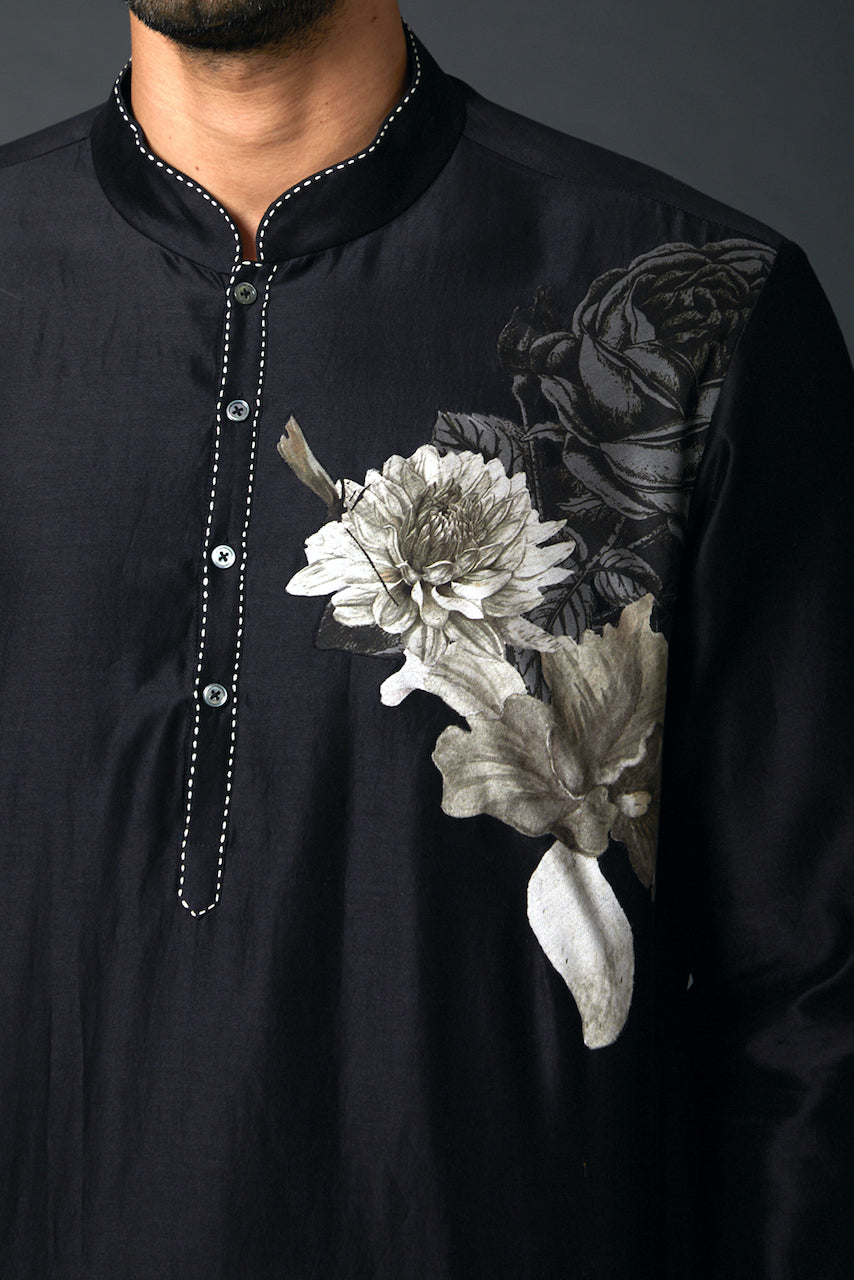 Men Black Kurta Set With Digital Print