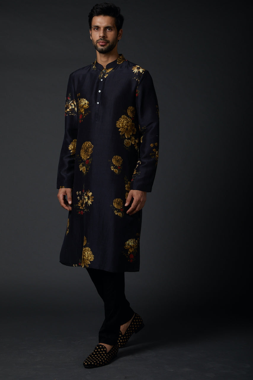 Black Linen Printed Kurta With Cotton Churidar