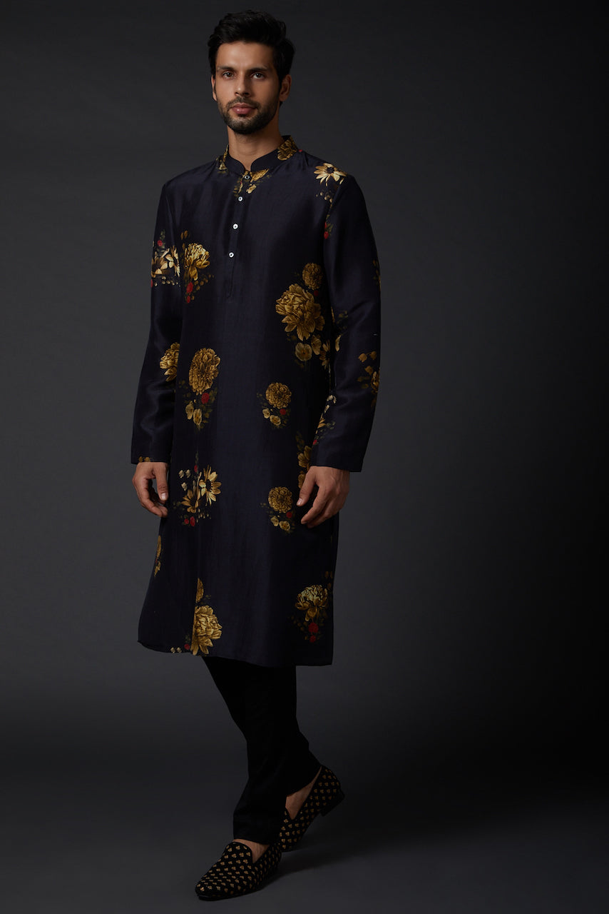 Black Linen Printed Kurta With Cotton Churidar
