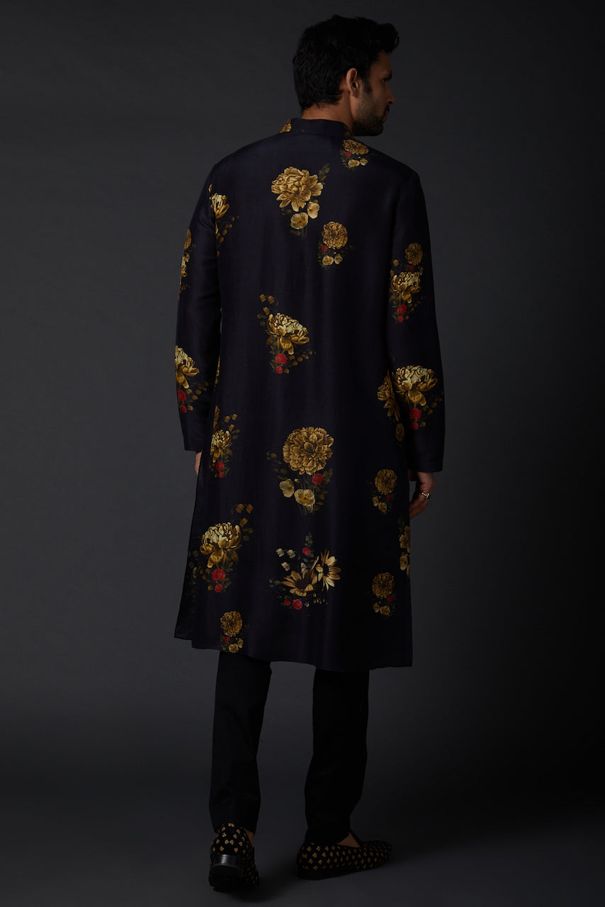 Black Linen Printed Kurta With Cotton Churidar