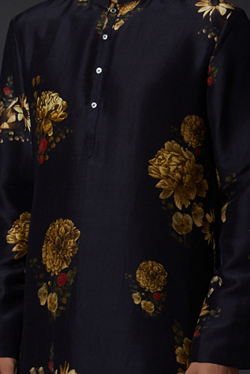 Black Linen Printed Kurta With Cotton Churidar