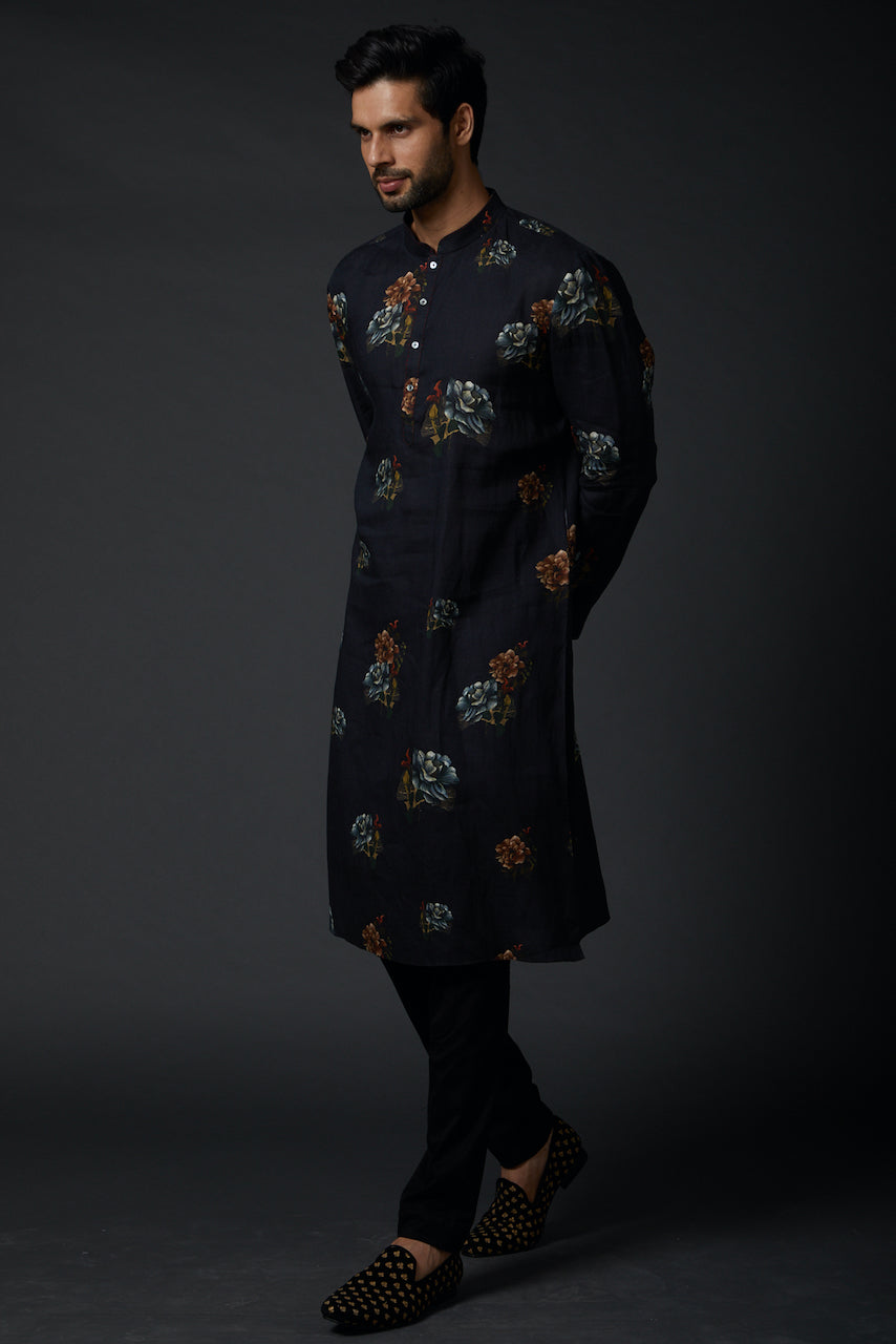 Men Indigo Blue Linen Kurta Set With Print