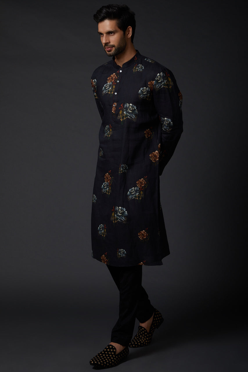 Men Indigo Blue Linen Kurta Set With Print