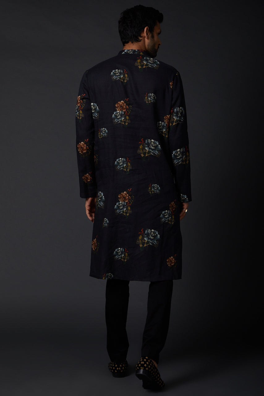Men Indigo Blue Linen Kurta Set With Print