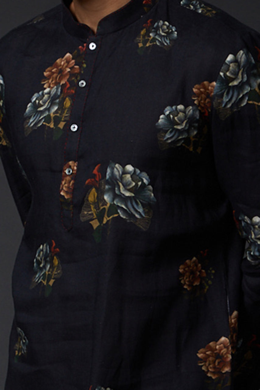 Men Indigo Blue Linen Kurta Set With Print