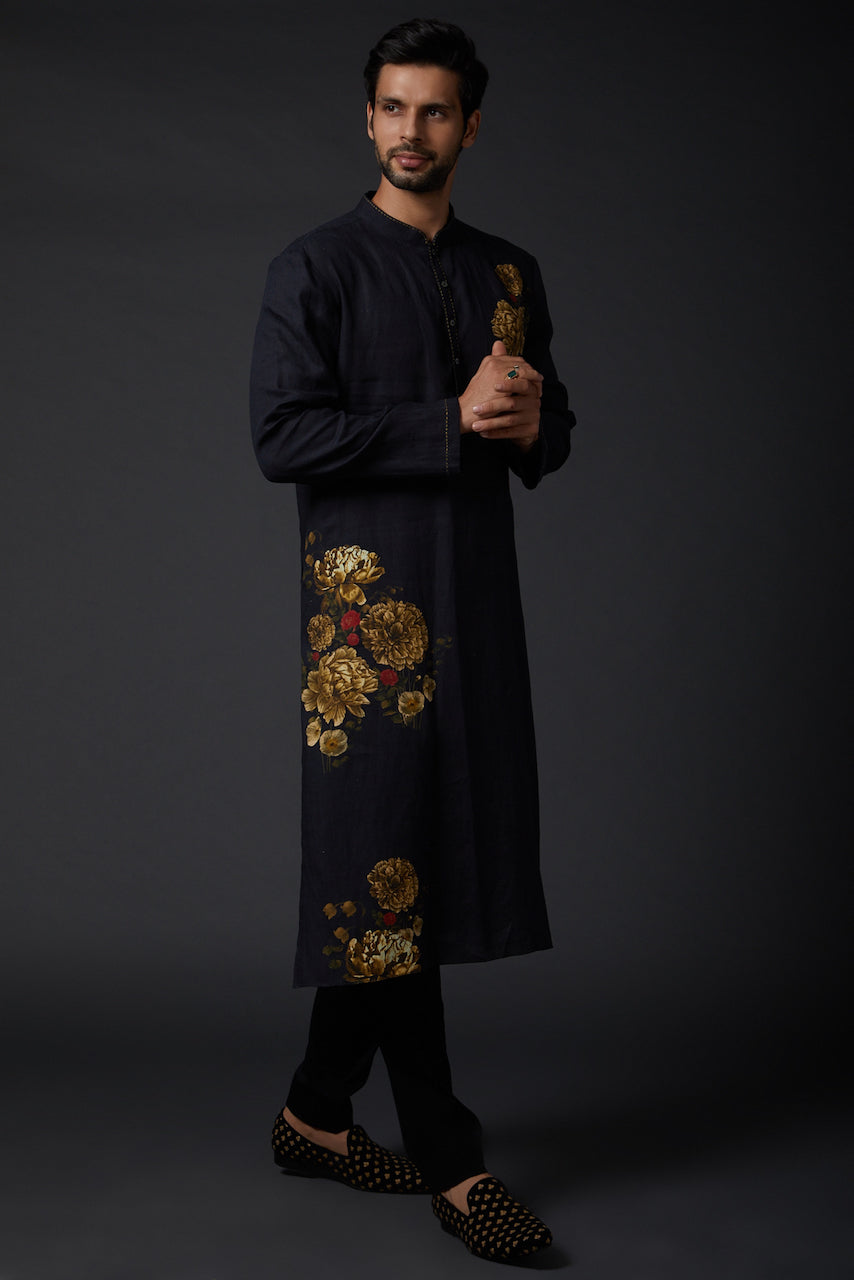 Men Indigo Linen Kurta Set With Digital Print