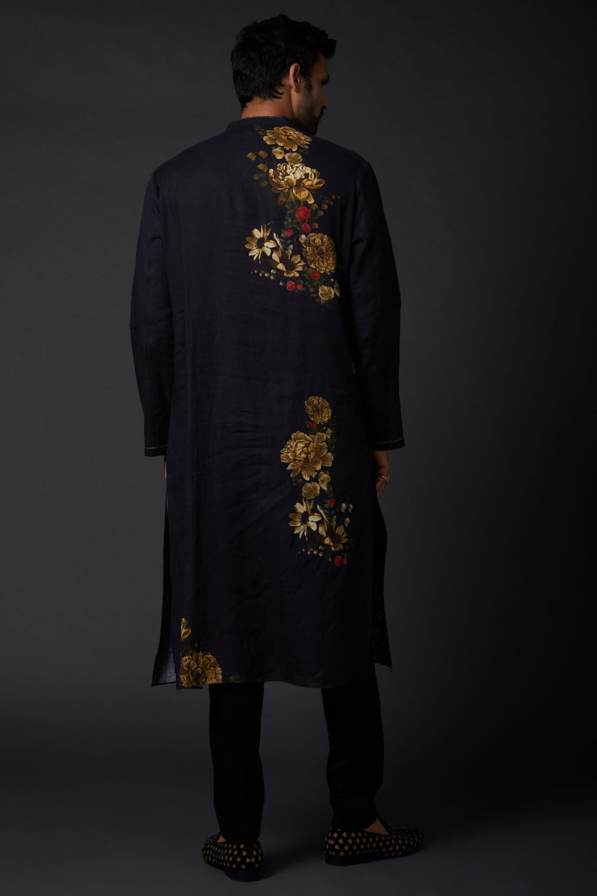 Men Indigo Linen Kurta Set With Digital Print