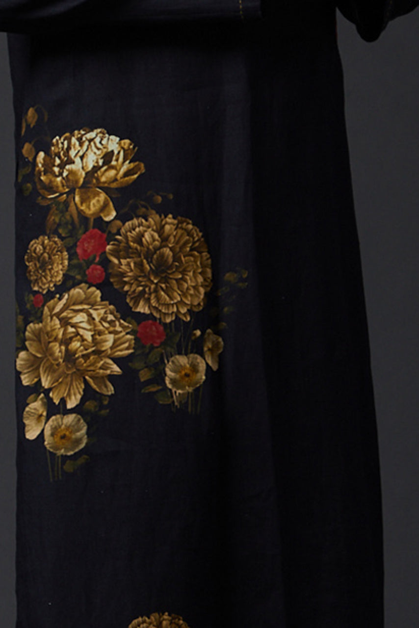 Men Black Linen Digital Printed Kurta Set