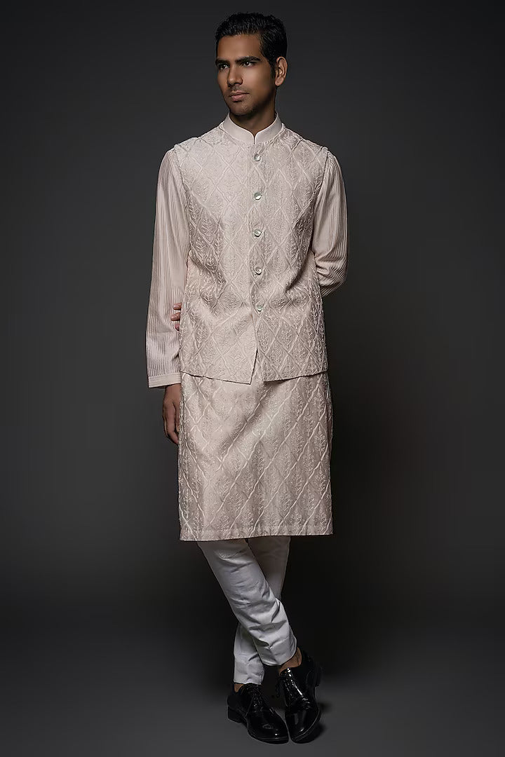 Blush Chanderi Silk Resham Hand Embroidered Bundi Set