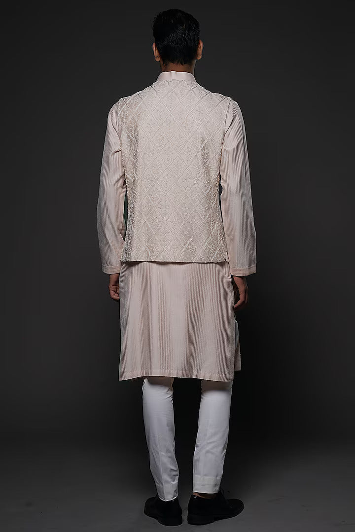 Blush Chanderi Silk Resham Hand Embroidered Bundi Set