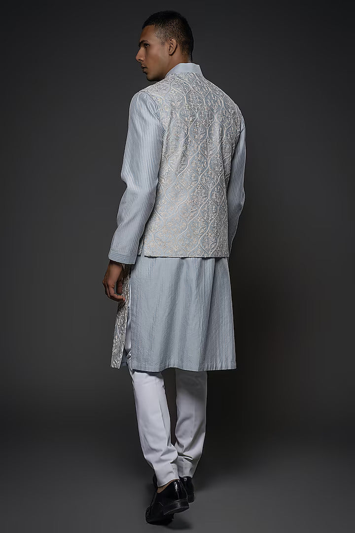 Powder Blue Chanderi Silk Resham Hand Embroidered Bundi Set