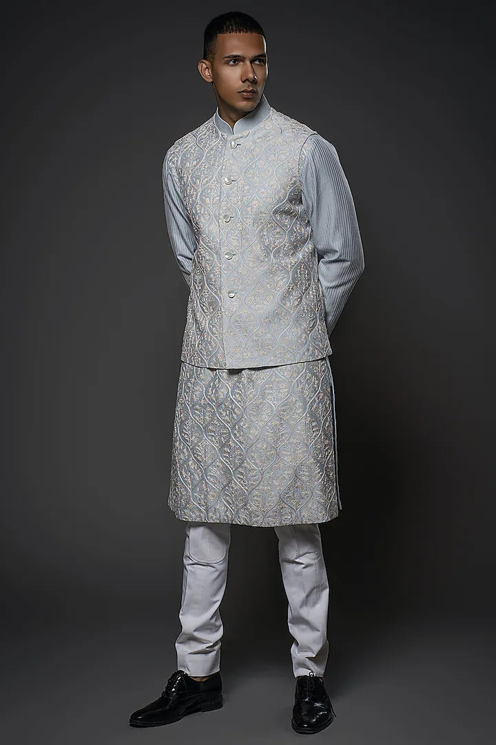 Powder Blue Chanderi Silk Resham Hand Embroidered Bundi Set