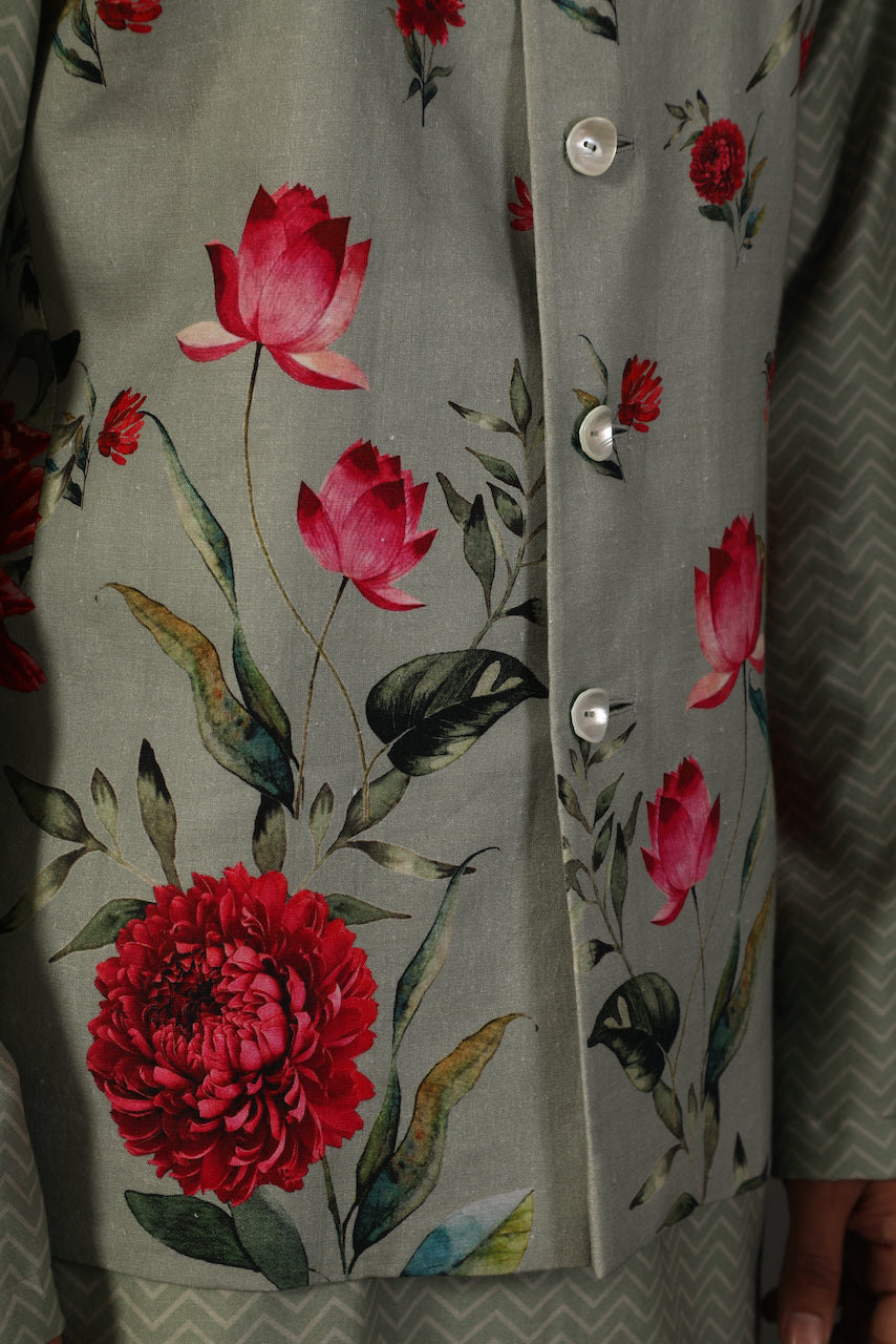 Sage Green Linen Digital Printed Bundi