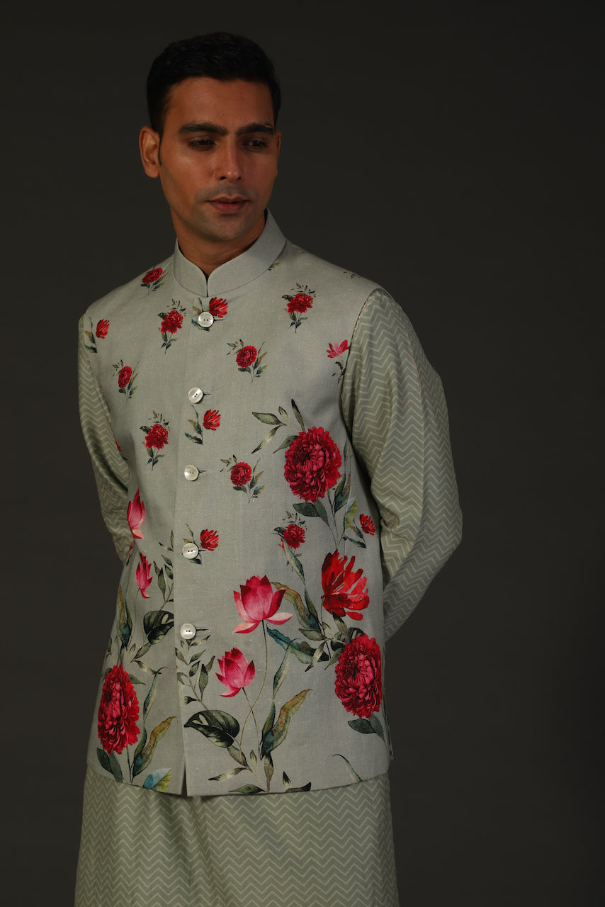 Sage Green Linen Digital Printed Bundi