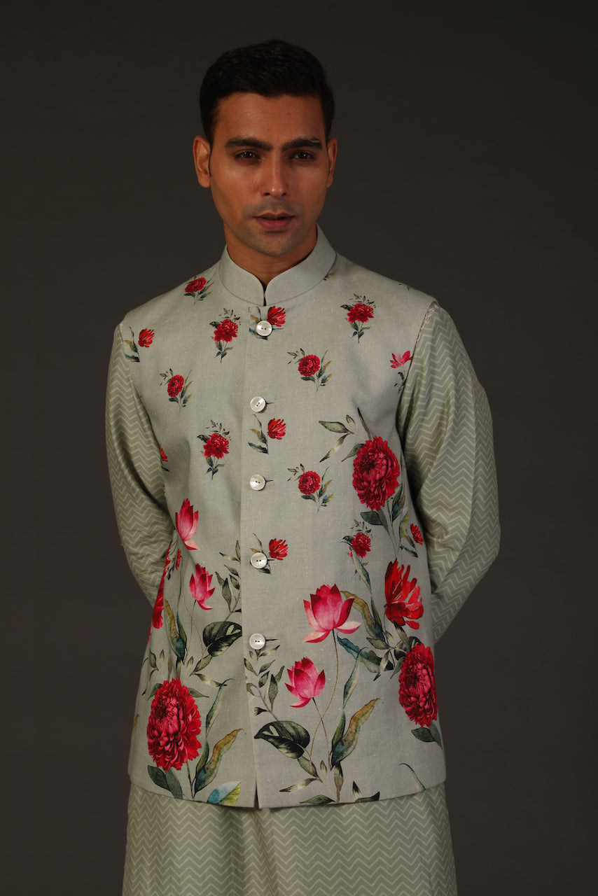 Sage Green Linen Digital Printed Bundi
