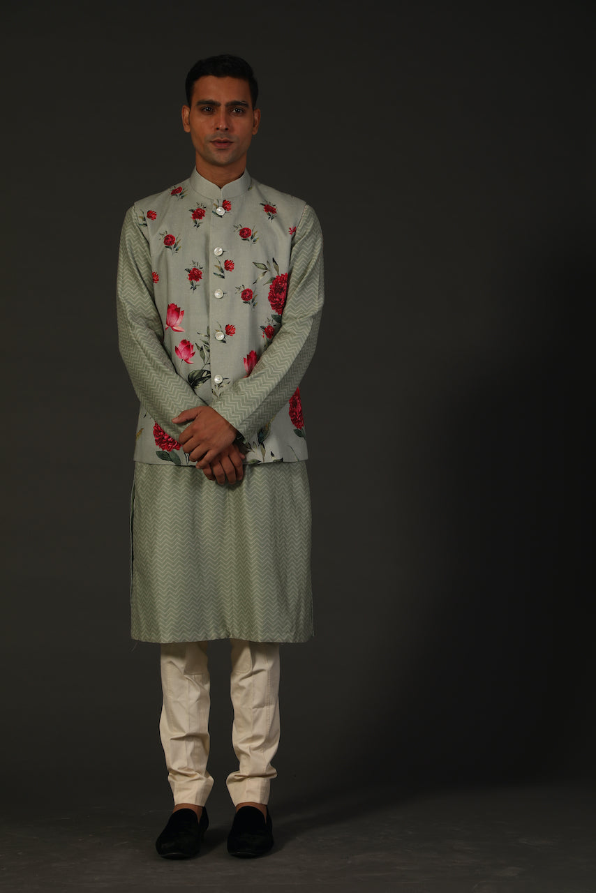 Sage Green Linen Digital Printed Bundi