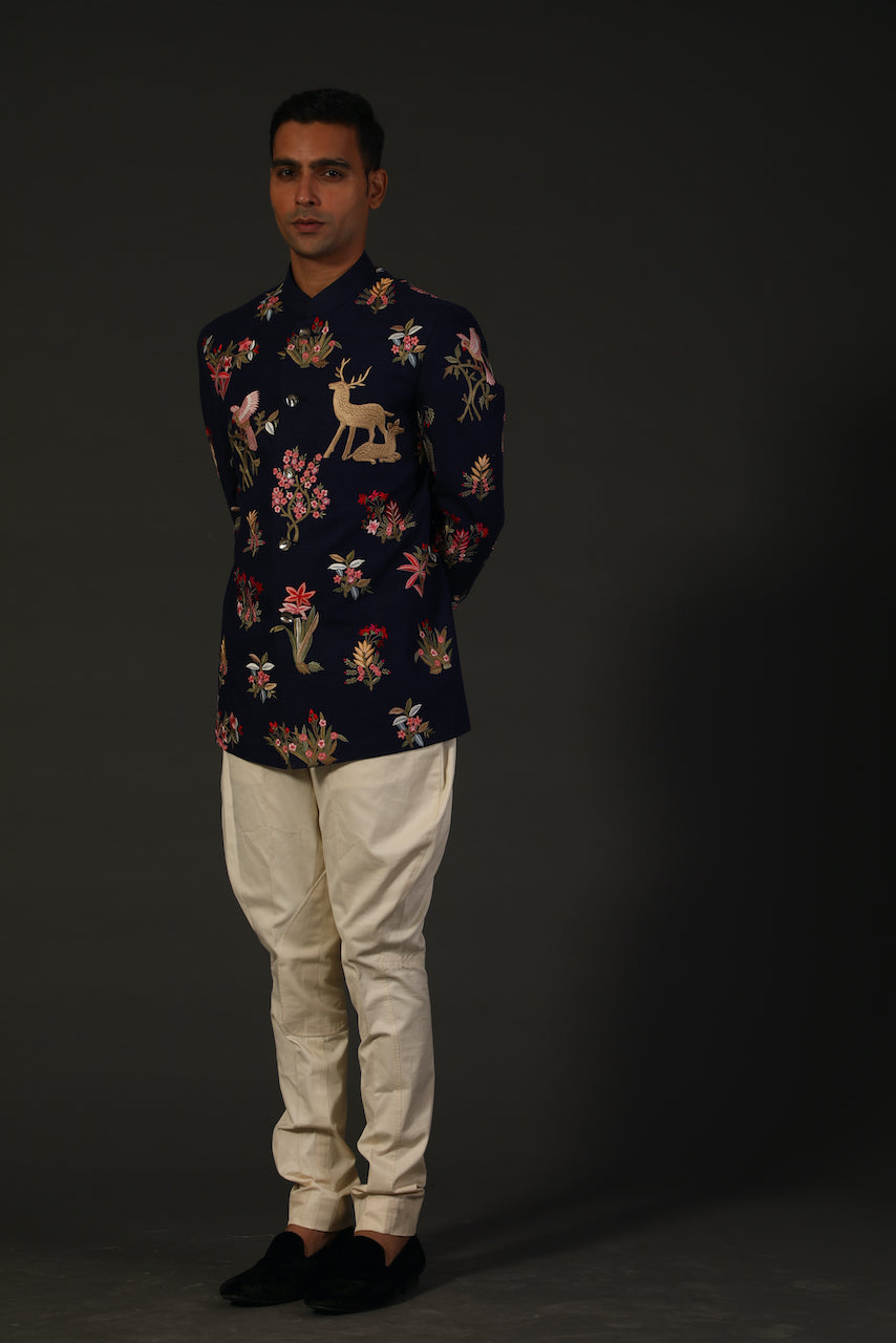 Indigo Blue Embroidered Bandhgala