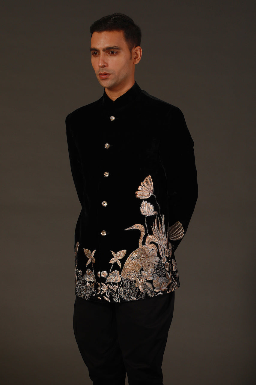 Black Machine Embroidered Bandhgala