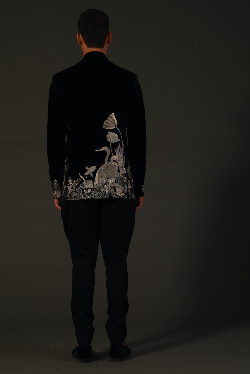 Black Machine Embroidered Bandhgala