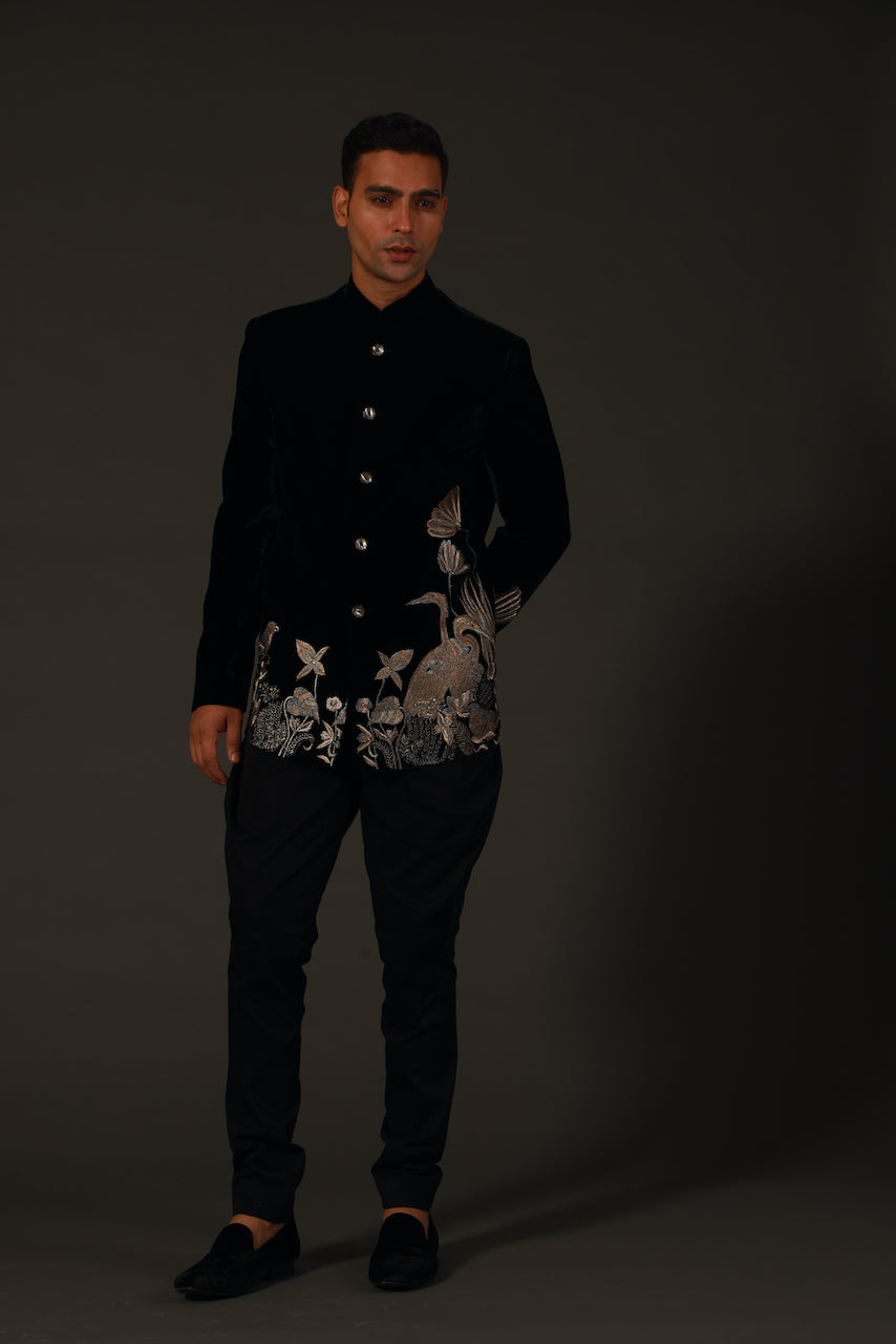 Black Machine Embroidered Bandhgala