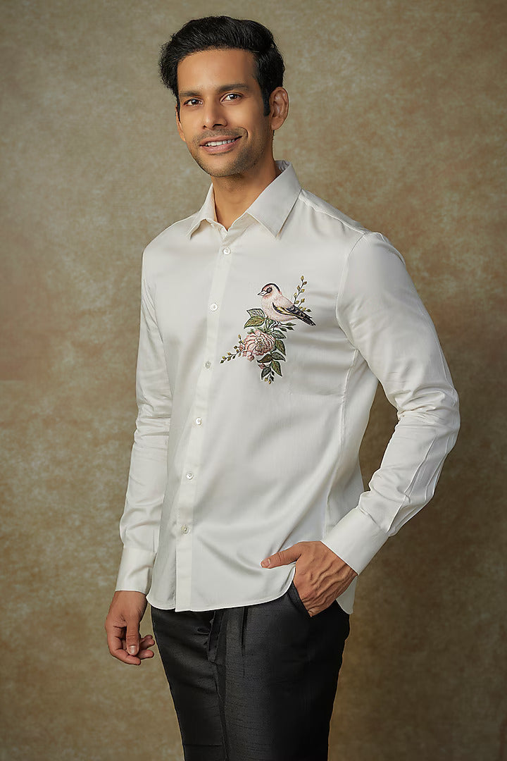 Ivory Poplin Shirt With Bird Embroidery