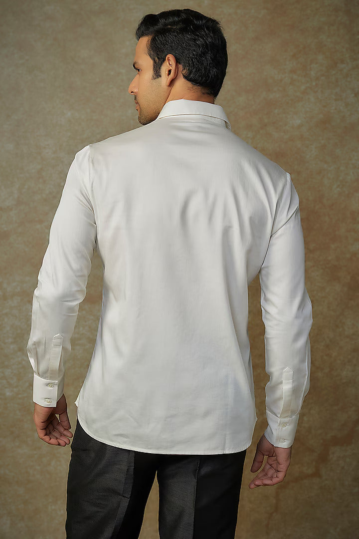 Ivory Poplin Shirt With Bird Embroidery