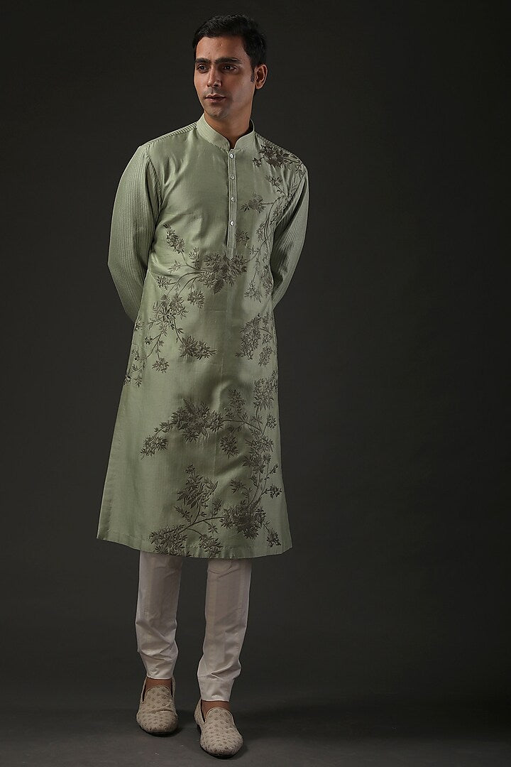 Men Green Embroidered Kurta Set