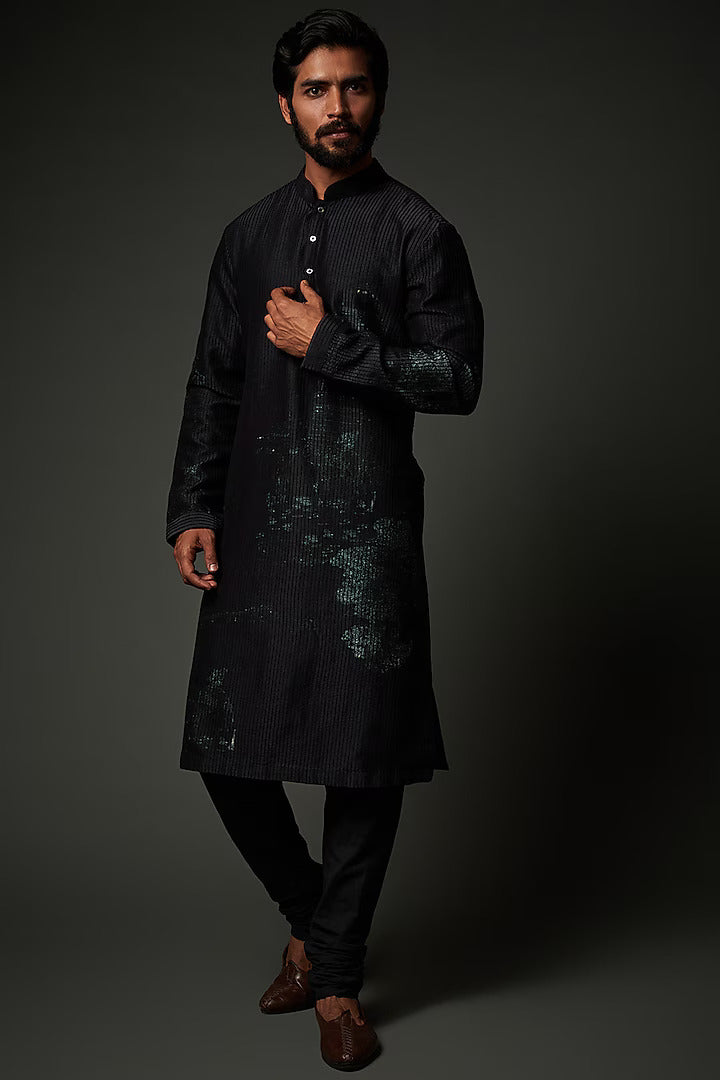 Men Black Chanderi Digital Printed Kurta Set