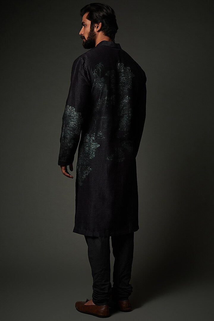 Men Black Chanderi Digital Printed Kurta Set