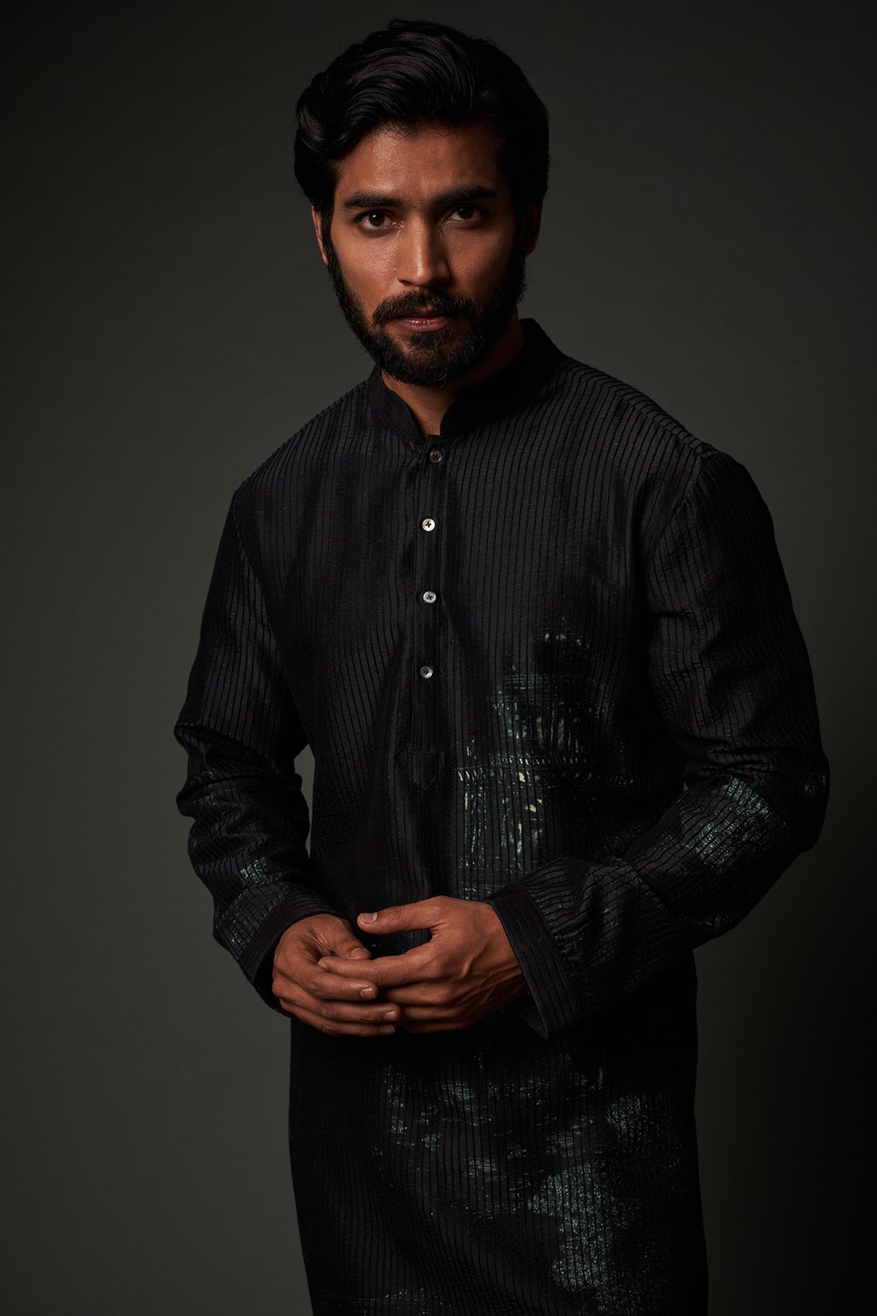Men Black Chanderi Digital Printed Kurta Set