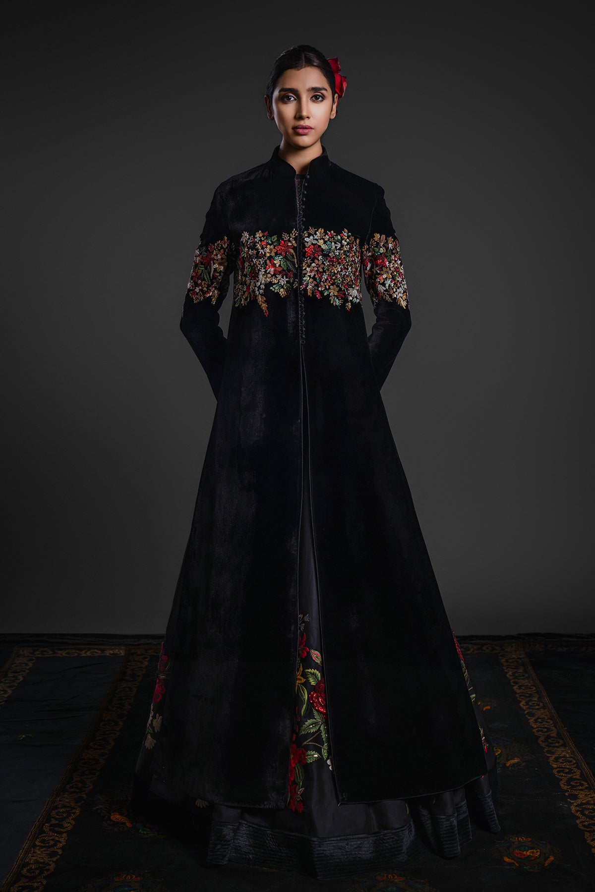 Black Velvet Silk Long Jacket With Embroidery