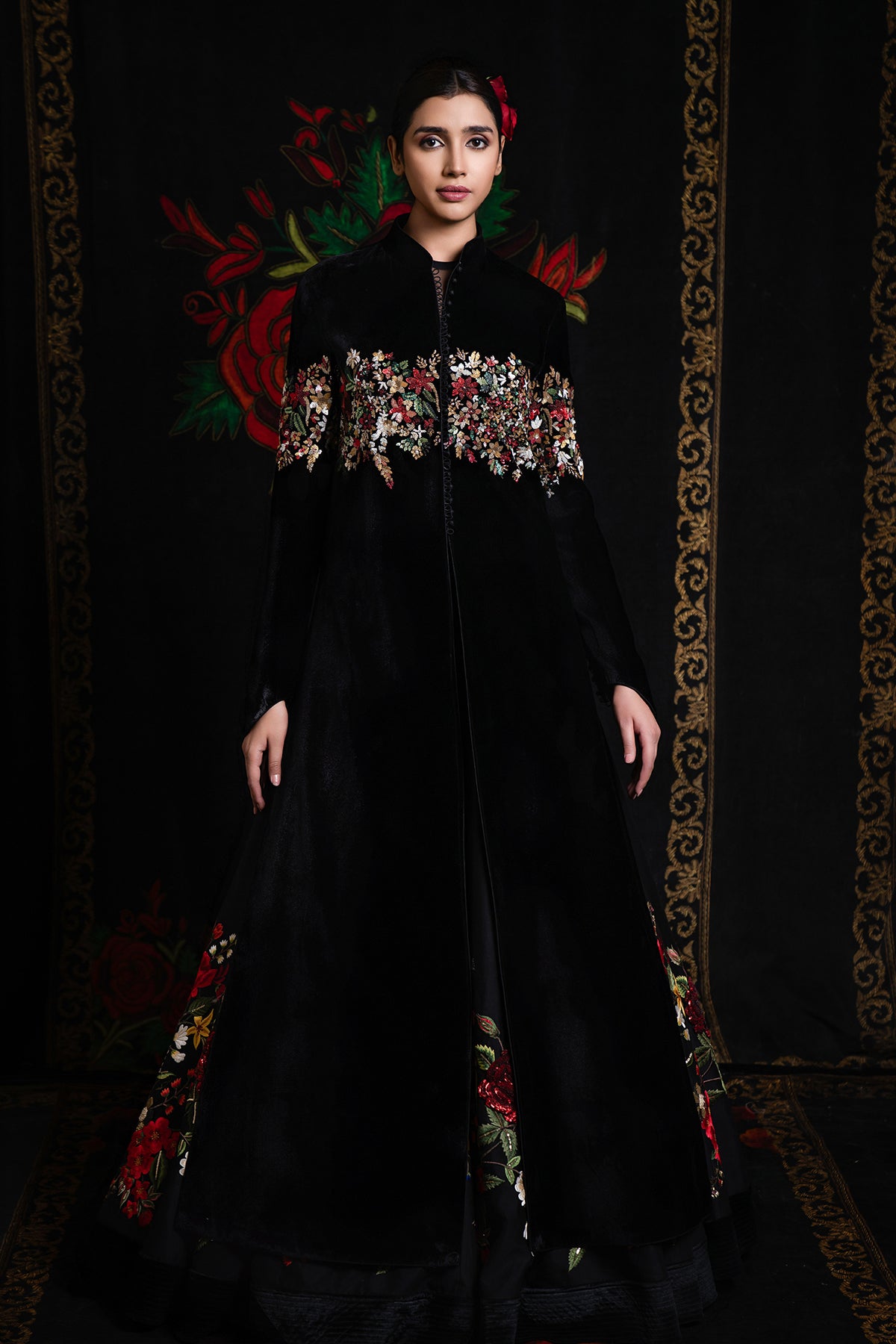 Black Velvet Silk Long Jacket With Embroidery