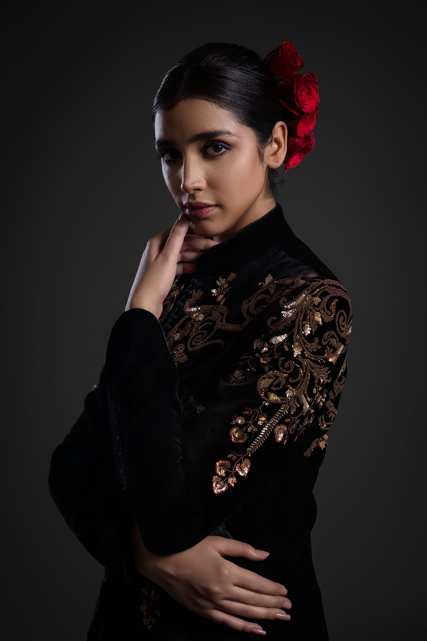 Black Velvet Long Jacket With Embroidery