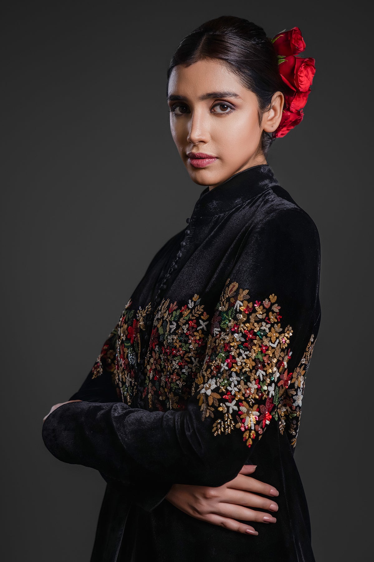 Black Velvet Silk Long Jacket With Embroidery