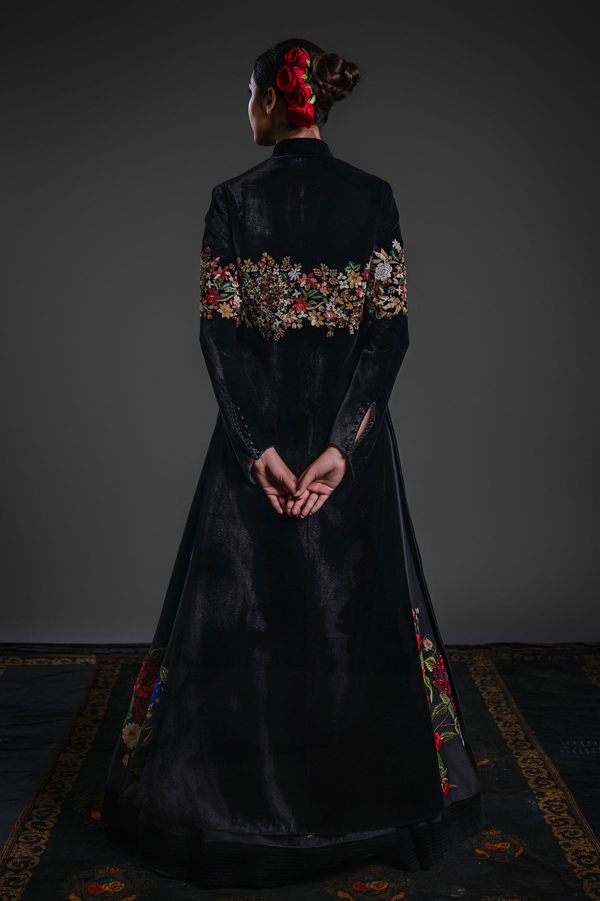 Black Velvet Silk Long Jacket With Embroidery