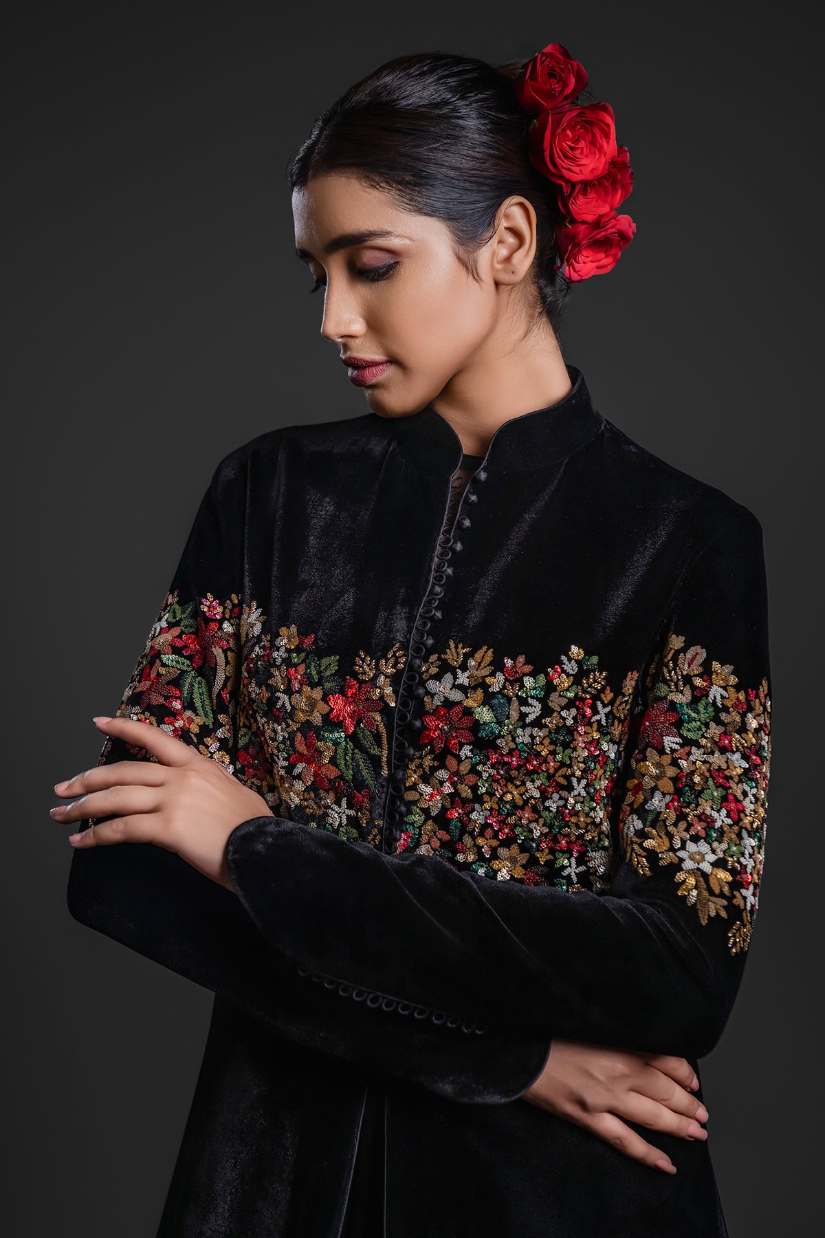Black Velvet Silk Long Jacket With Embroidery